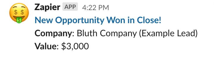 Slack message from Zapier announcing a new won opportunity with company and value details.