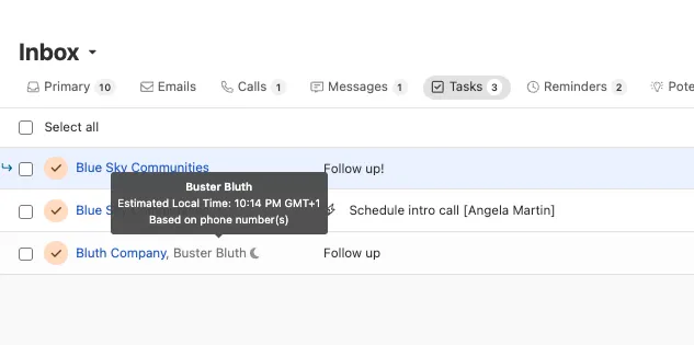 Close inbox showing task items with tabs for Emails Calls Messages and Tasks.