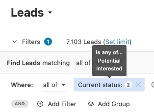 Leads page showing Current status filter set to Potential and Interested.