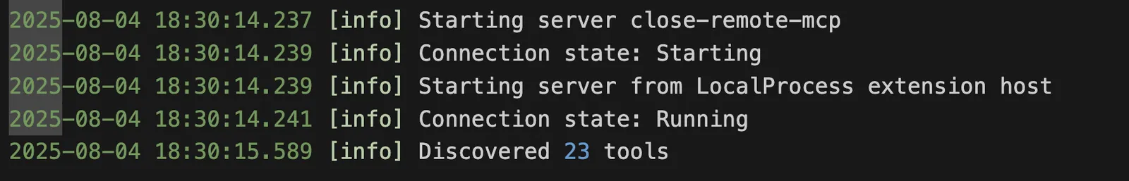 Terminal log showing MCP server starting, connection state changes, and discovery of 23 tools.