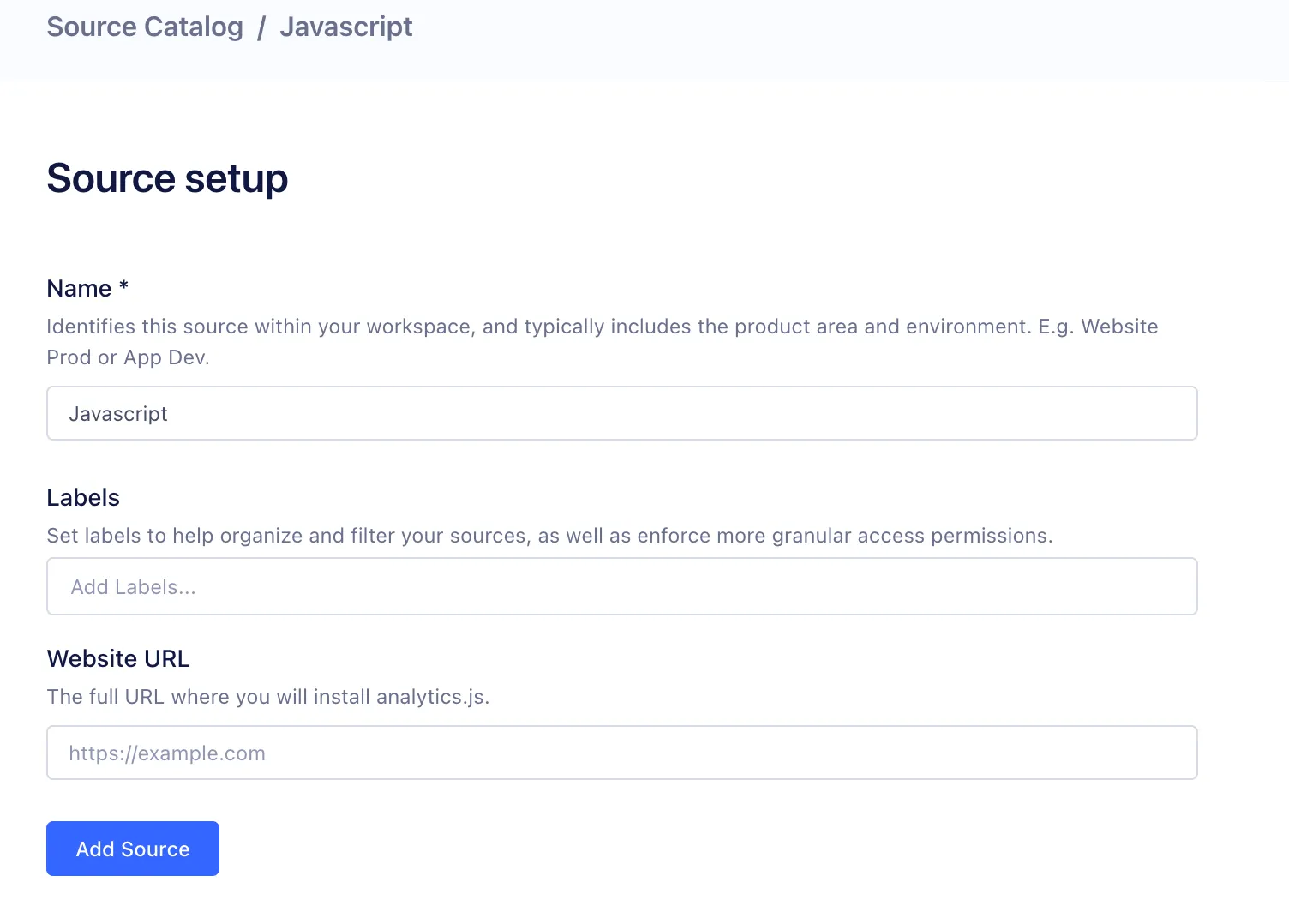 Segment source setup form with fields for Name, Labels, Website URL and an Add Source button.