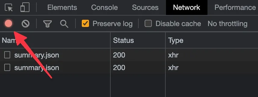 Developer tools Network tab showing recording red icon and Preserve log checked.