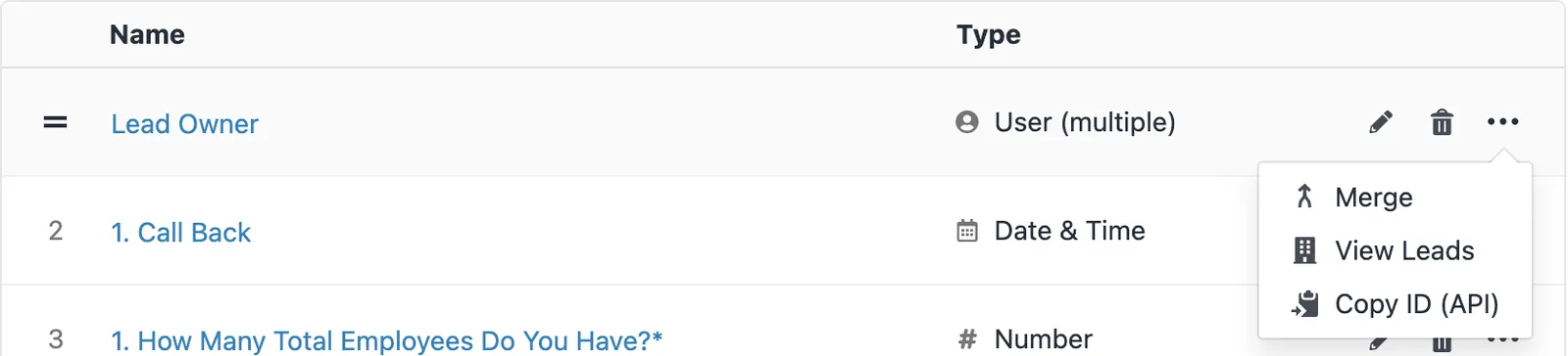 Settings page showing custom fields list with a menu open offering Merge, View Leads, and Copy ID (API).