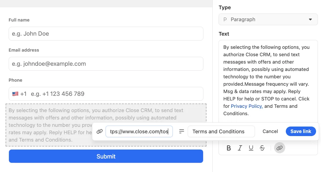 Signup form with phone field, consent text box, and submit button showing link editor for Terms and Conditions.