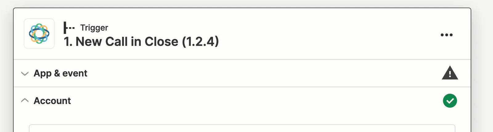 Zapier trigger card showing 'New Call in Close (1.2.4)' with App & event and Account sections.