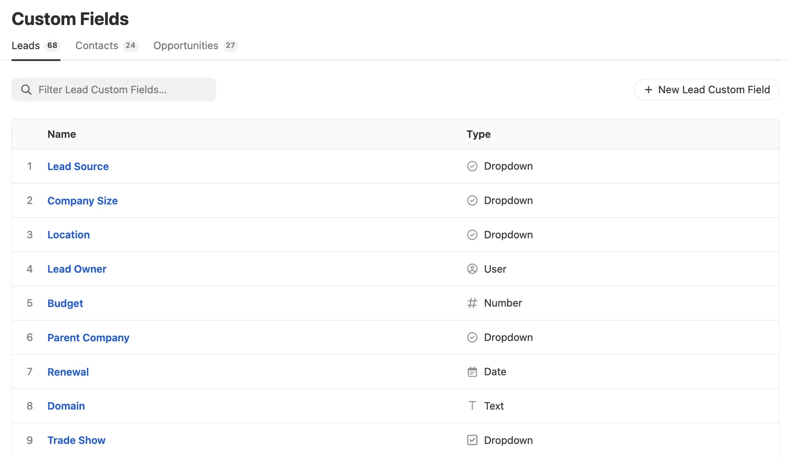 Settings page listing lead custom fields with names and field types in a table.