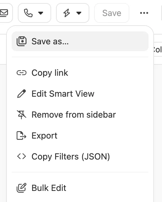 Dropdown menu showing Smart View options like Save as, Copy link, Edit, Export, and Bulk Edit.