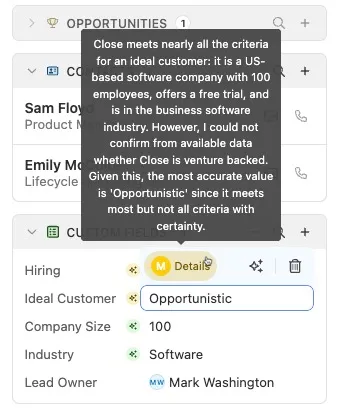 Lead record showing enrichment tooltip with suggested field values and explanation.