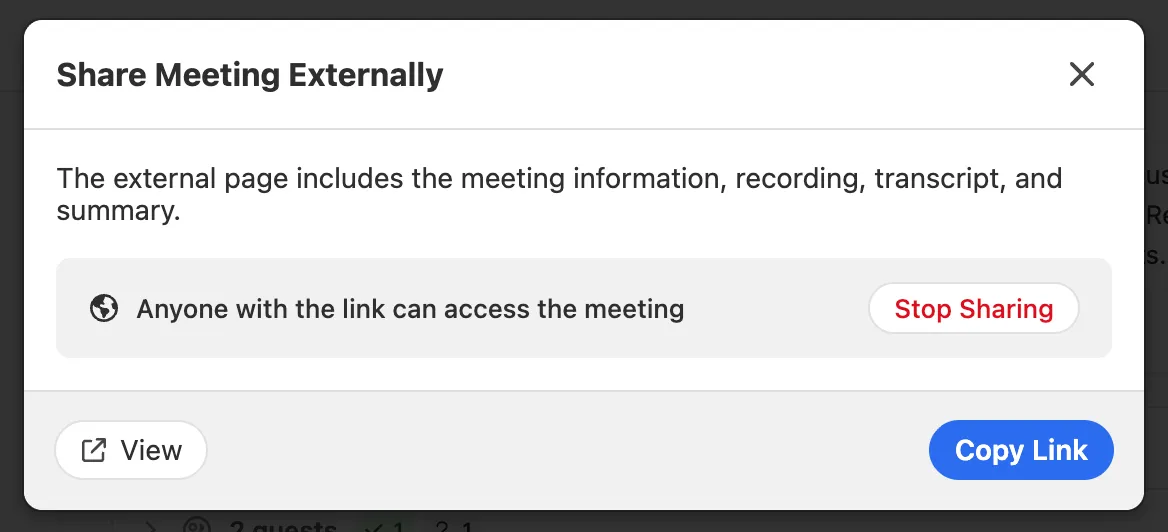 Modal dialog showing options to share a meeting externally with copy link and stop sharing buttons.