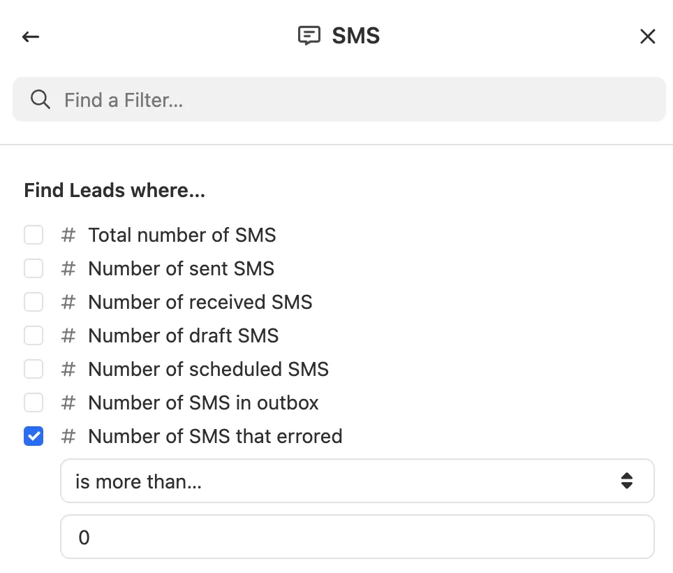 Filter panel showing SMS-related lead filters and a selected 'Number of SMS that errored' option.