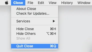 Mac Close app menu showing the 'Quit Close' option highlighted with Command+Q shortcut.