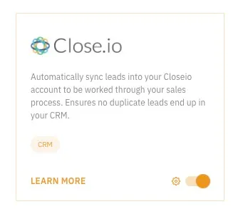 Close integration card showing sync description and toggle enabled.