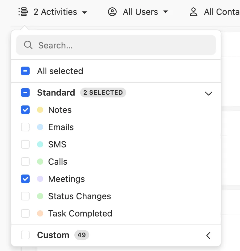 Dropdown menu for selecting activity types with Notes and Meetings checked.