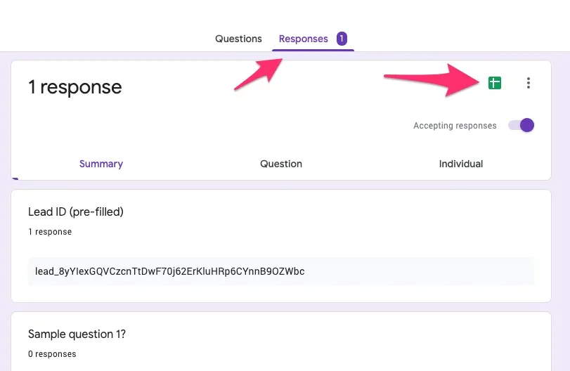 Google Forms Responses tab showing one response and the spreadsheet icon to export responses.