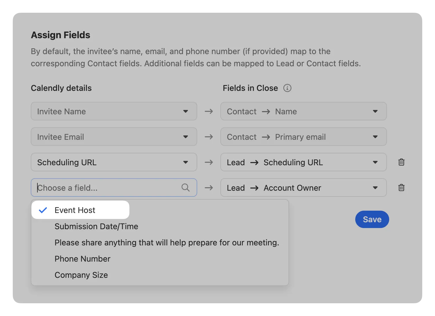 Close interface showing Calendly fields mapped to Lead and Contact fields with a dropdown list open.