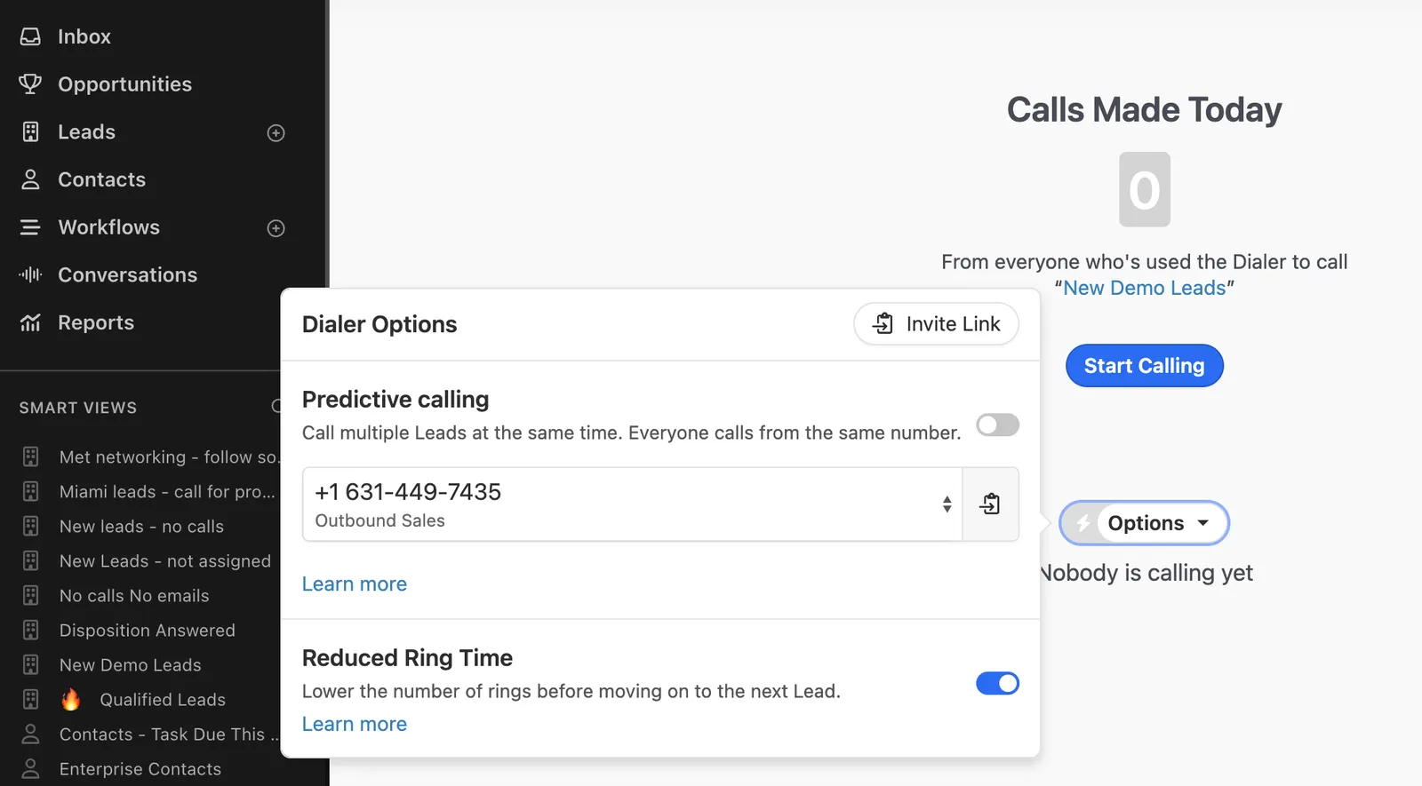 Power Dialer options panel showing predictive calling, phone number, and reduced ring time settings over the CRM dashboard.