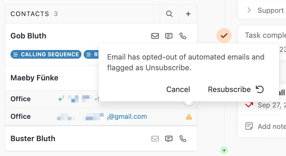 Tooltip stating the contact has opted out of automated emails with Cancel and Resubscribe options.