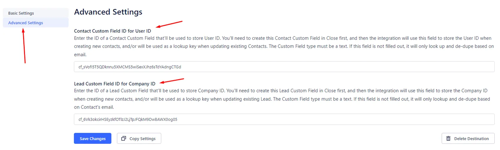 Advanced Settings page showing Contact and Lead Custom Field ID inputs for User ID and Company ID.