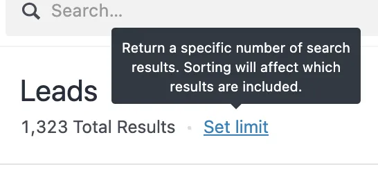 Tooltip above Set limit link explaining search result limits and sorting effects.