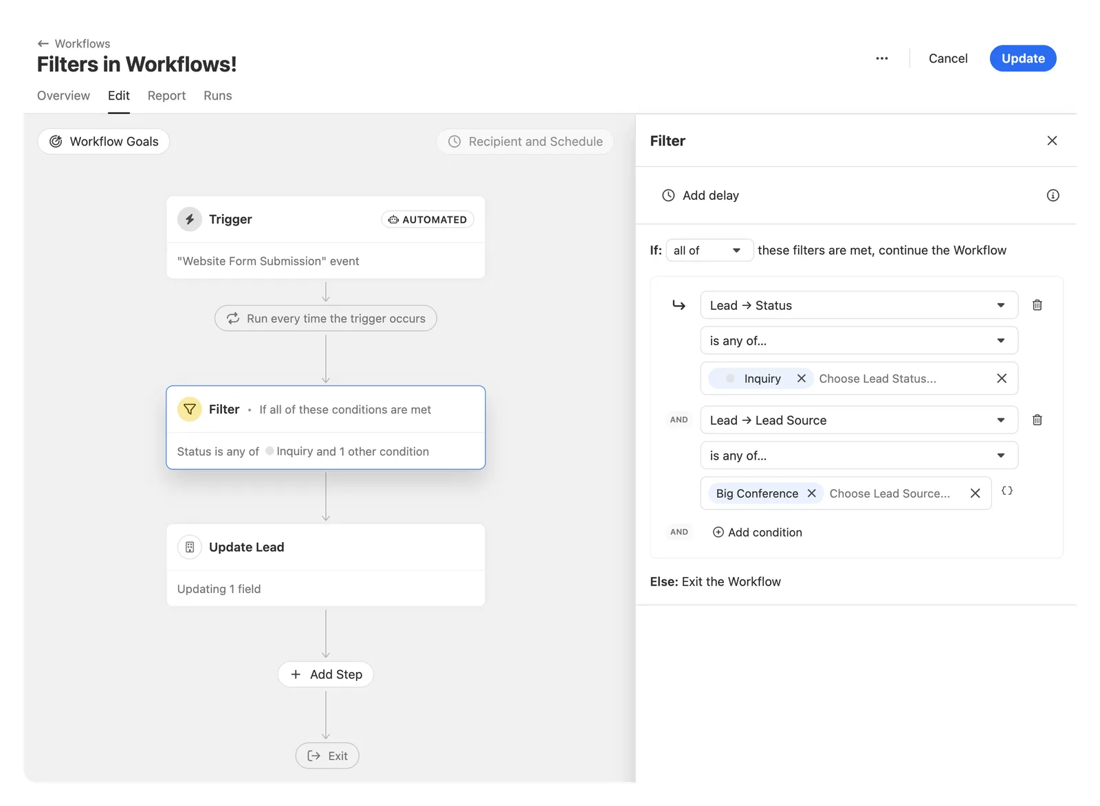 Workflow editor showing a Filter step and the filter configuration panel with conditions.