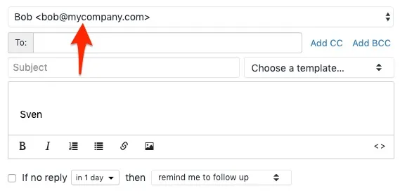 Email compose window showing sender address bob@mycompany.com highlighted with a red arrow.