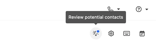 Toolbar button in Inbox highlighted with tooltip reading Review potential contacts.
