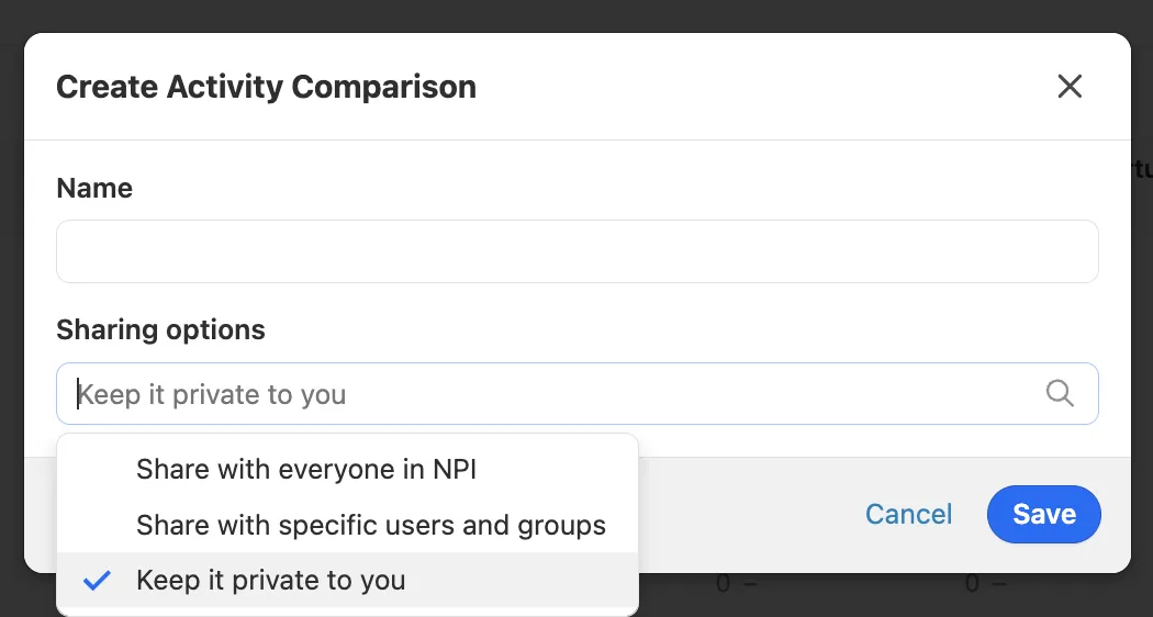 Modal to name and choose sharing options for an Activity Comparison report.