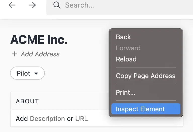 Context menu showing Inspect Element option highlighted over the ACME Inc. app screen.