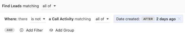 Smart View filter excluding leads with call activity after two days ago.