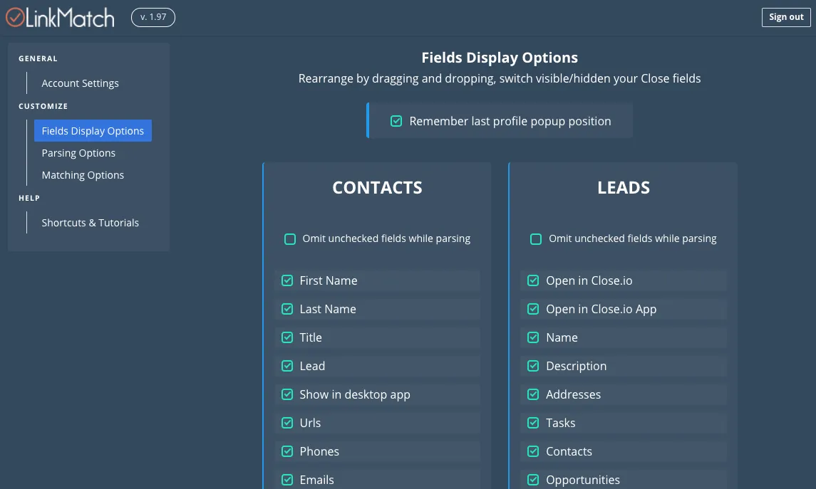 LinkMatch settings screen showing Fields Display Options for Contacts and Leads.