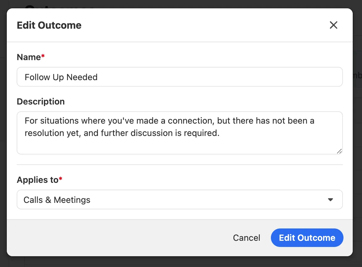 Modal dialog for editing an outcome with name, description, and applies-to fields.