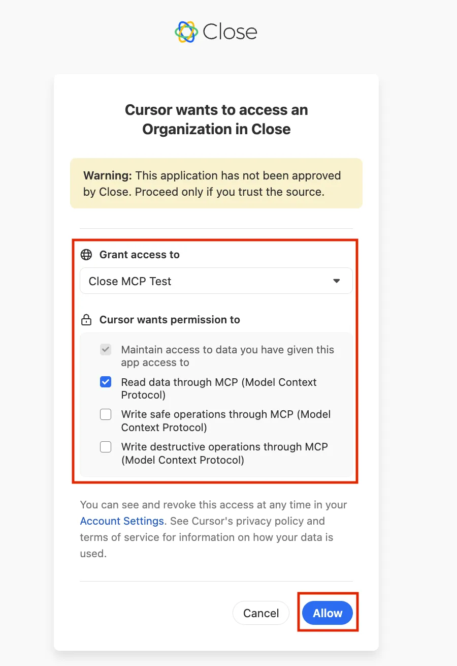 OAuth consent screen showing Cursor requesting MCP read and write scopes with Allow button.