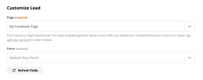 Zapier Customize Lead panel showing Page and Form selection with Refresh Fields button.