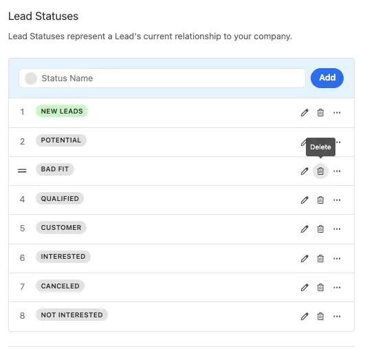 List of customizable lead statuses with add field and edit/delete icons.