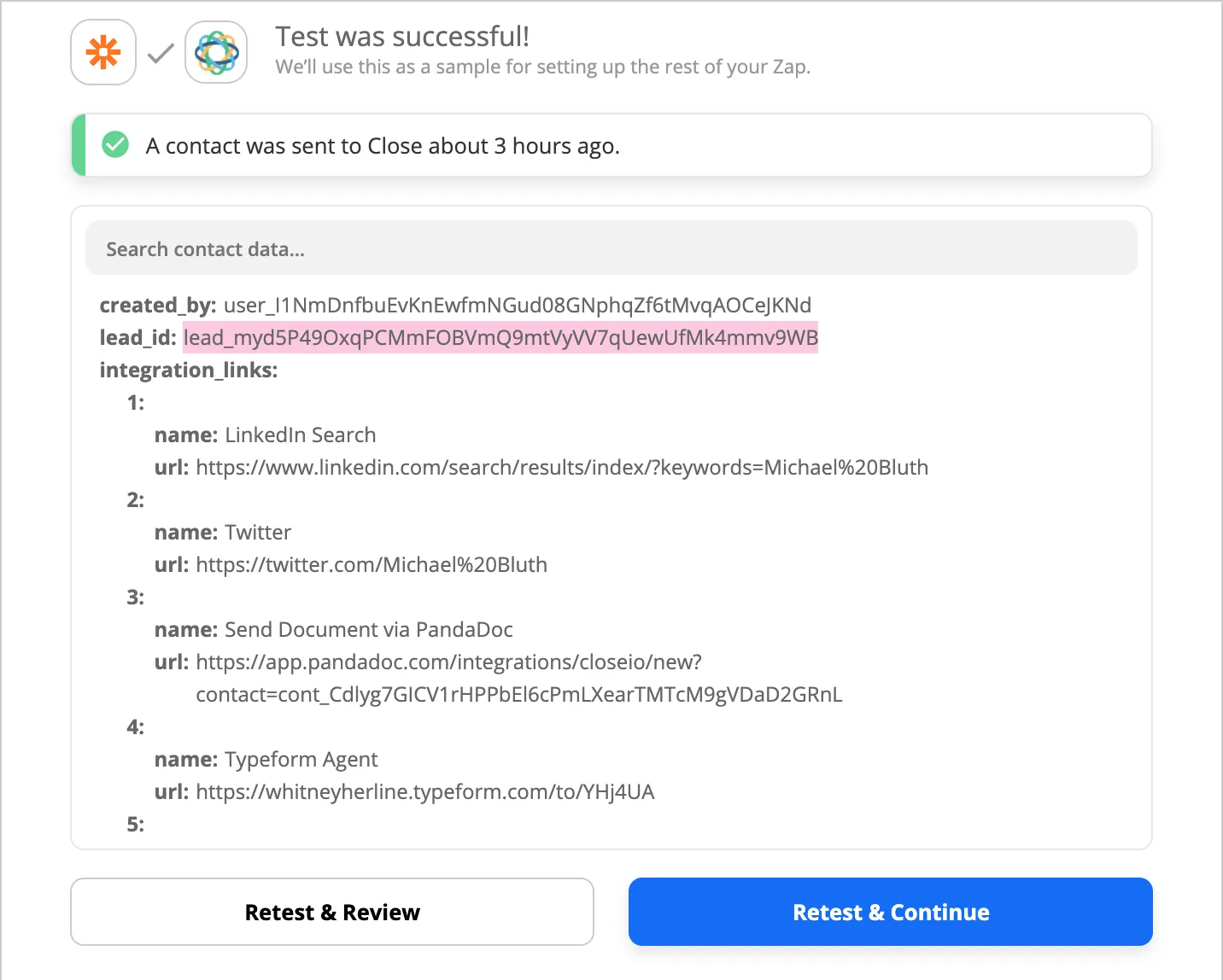 Zapier test success screen showing contact sent to Close and highlighted lead_id value.