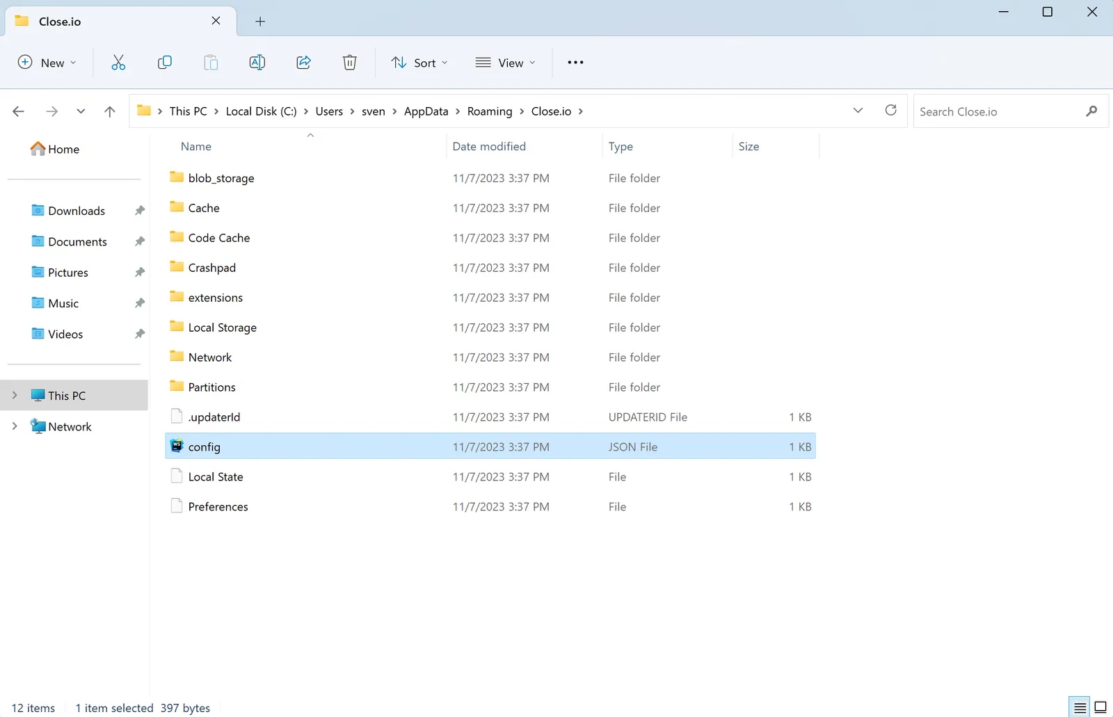 Windows File Explorer showing the Close.io AppData folder with config.json selected.