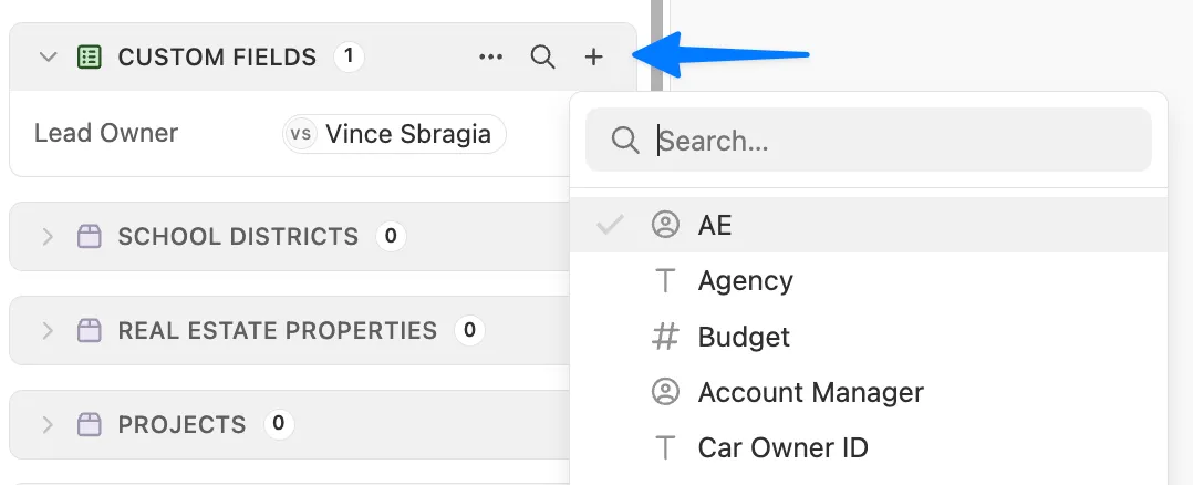 Custom Fields list with dropdown menu and search input showing field options.
