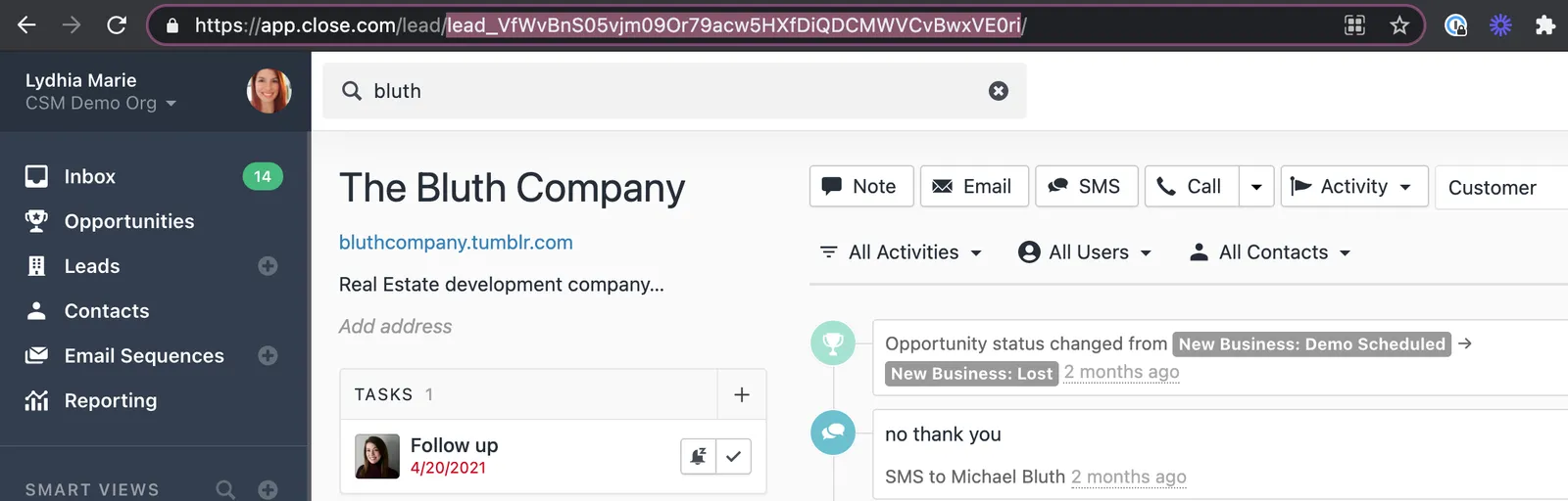Close lead page showing the browser URL with a highlighted lead ID in the address bar.