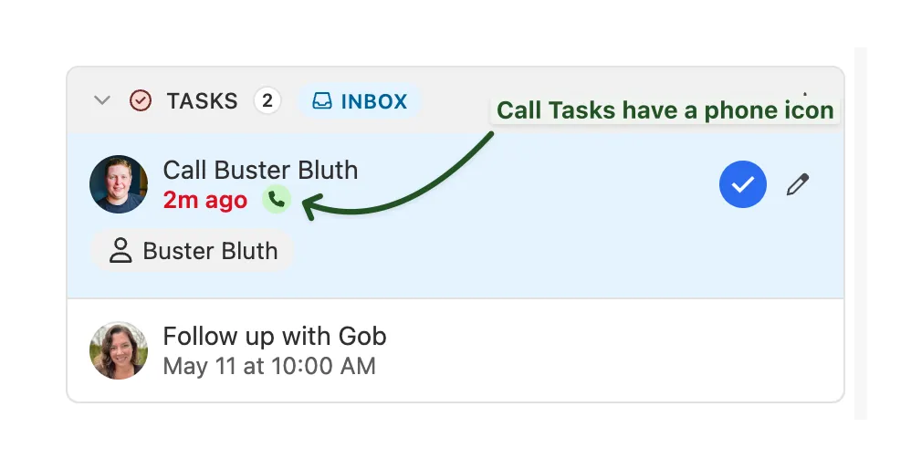 Inbox showing a Call Task with a green phone icon and completion button.