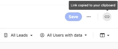Top-right activity report header with Save button and user/date filters.