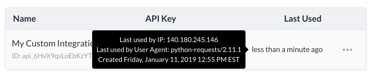 API keys list showing a tooltip with last used IP, user agent, and creation date.