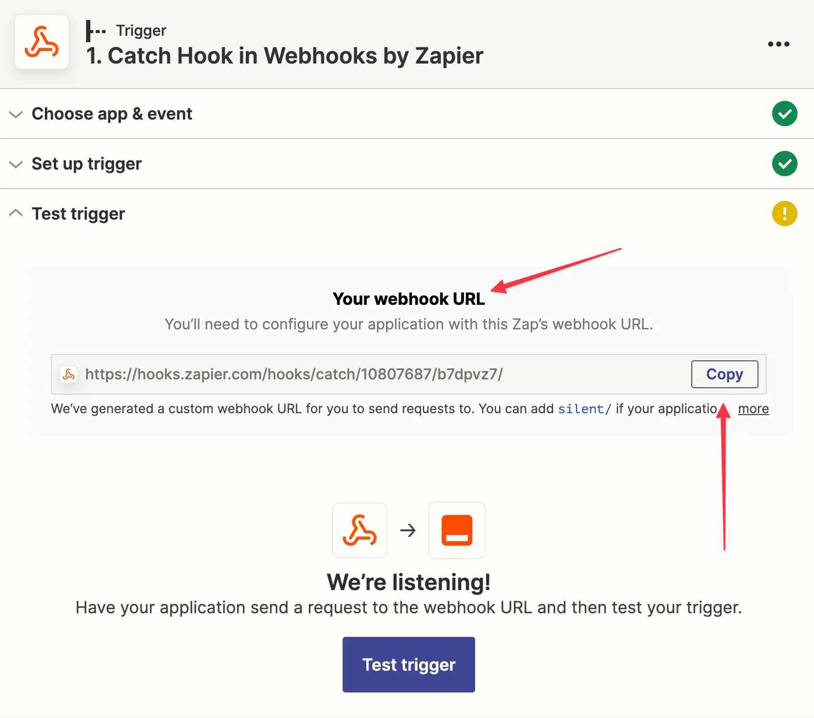 Zapier trigger screen showing generated webhook URL with a Copy button and Test trigger prompt.
