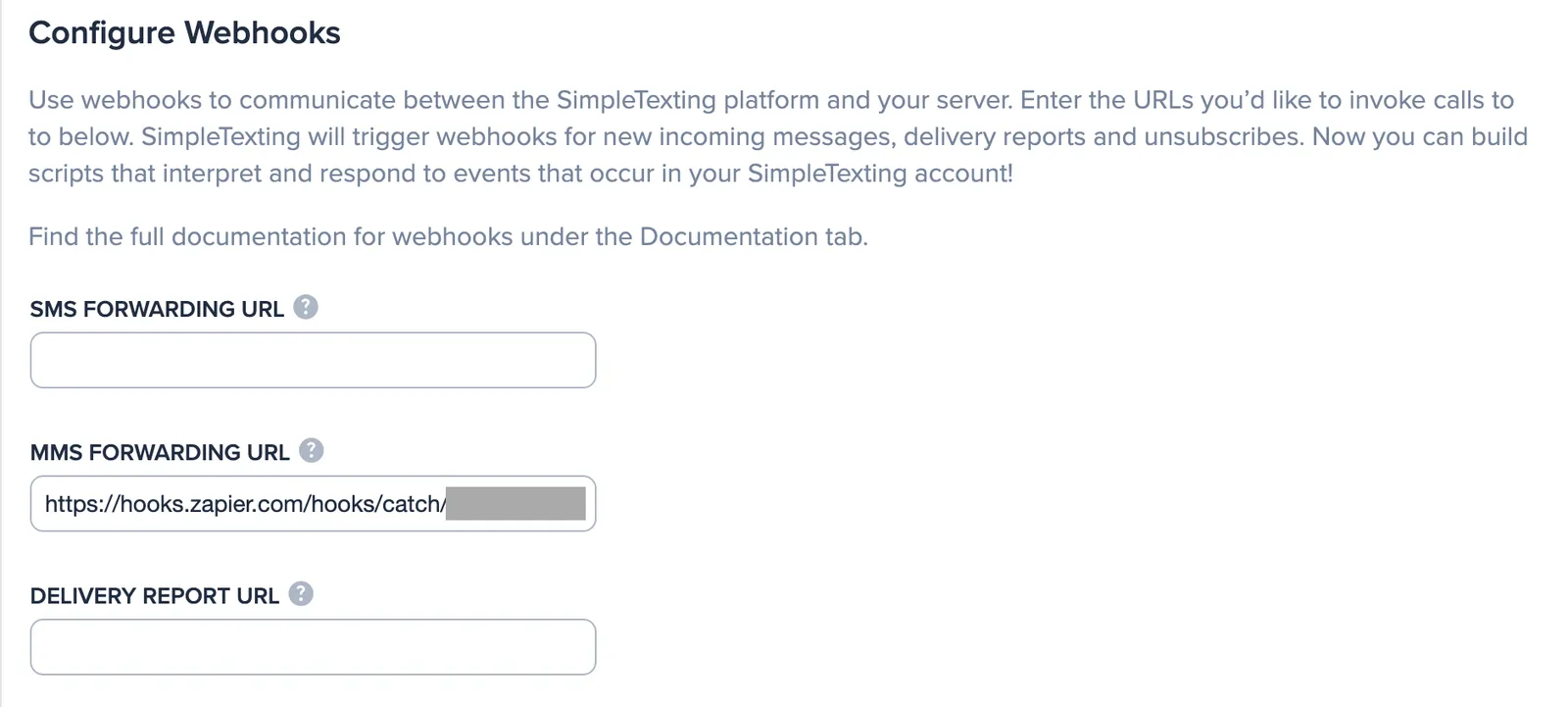 SimpleTexting Configure Webhooks page showing SMS, MMS forwarding URL fields with a Zapier webhook pasted in the MMS field.