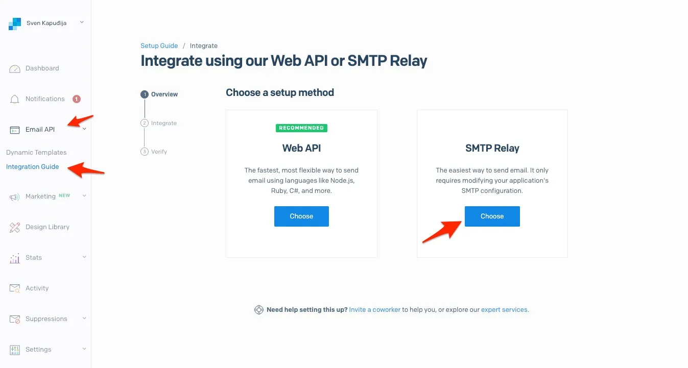SendGrid setup page showing choice between Web API and SMTP Relay with SMTP Relay highlighted.