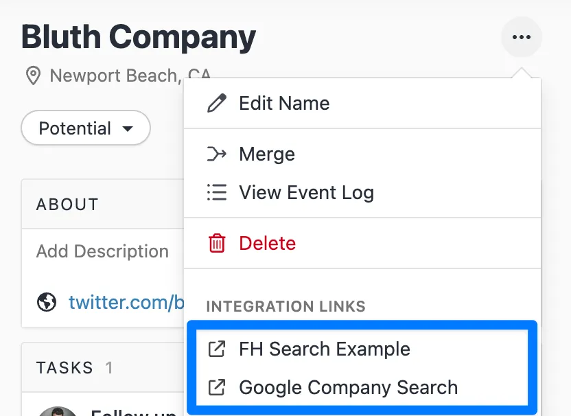 Lead dropdown menu showing Integration Links like FH Search Example and Google Company Search.
