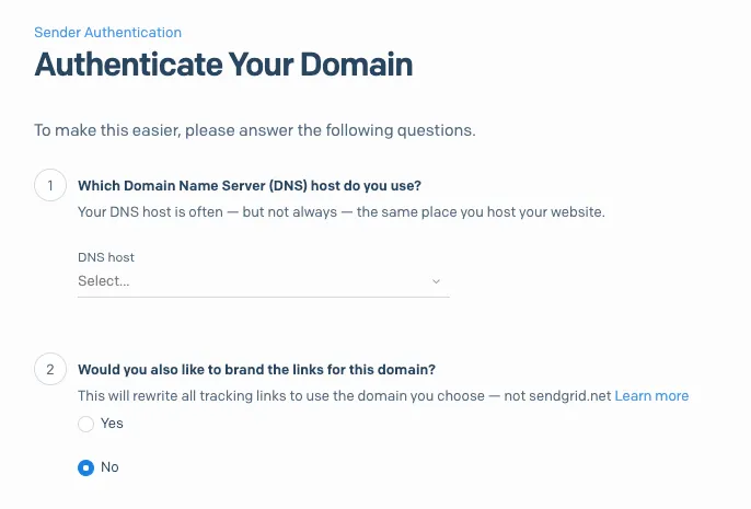 SendGrid Authenticate Your Domain setup page with DNS host selection and link branding options.