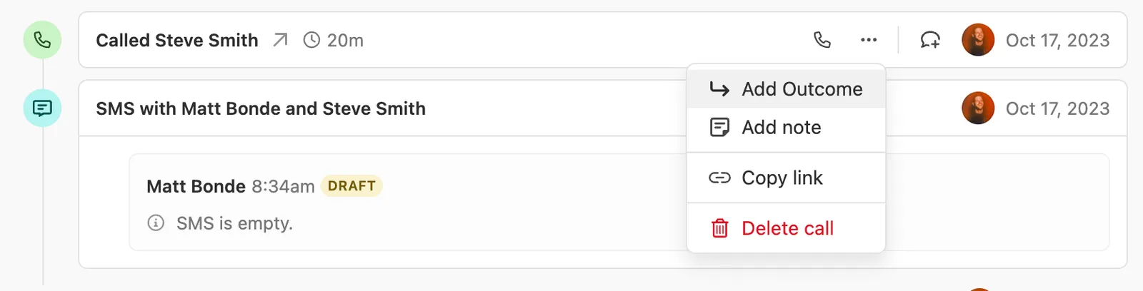 Call activity entry showing a dropdown menu with Add Outcome, Add note, Copy link, and Delete call options.