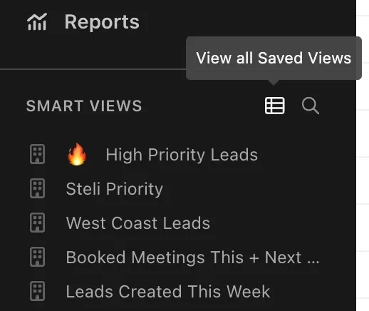 Left sidebar showing Reports with a list of Smart Views and a tooltip labeled View all Saved Views.